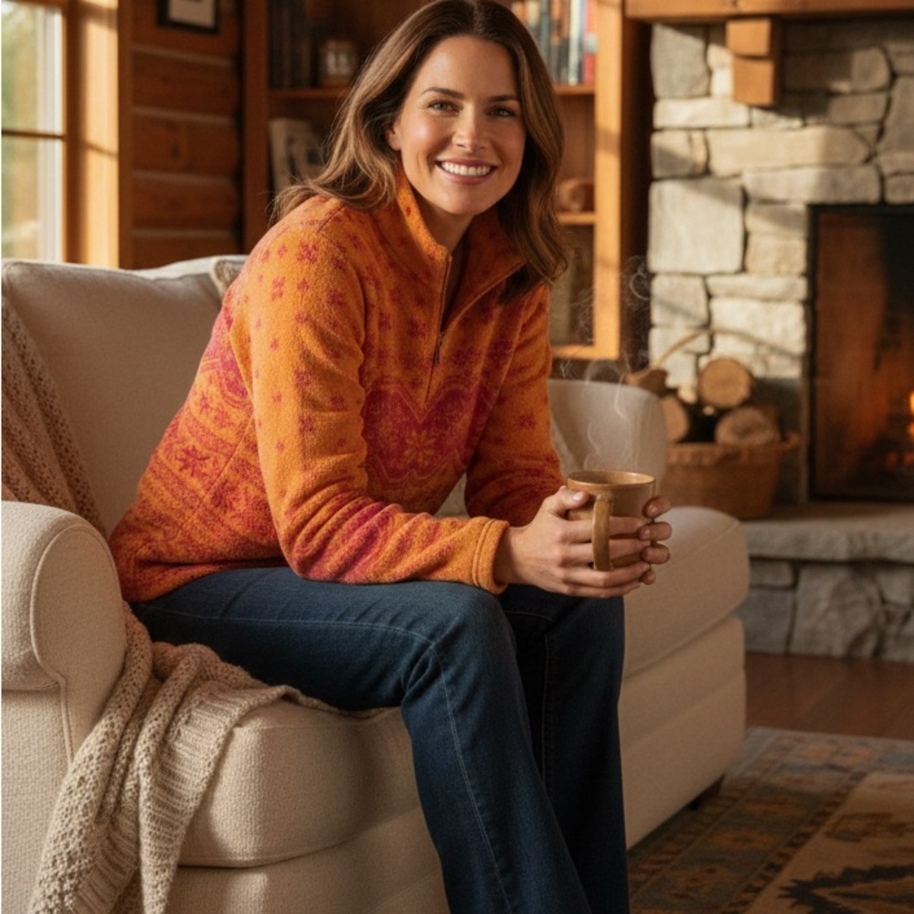Talbots Fair Isle Quarter Zip Fleece Top Sweater Jacket in Marmalade size 1X
